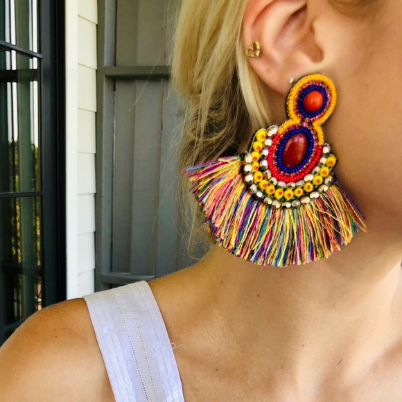 NEIMAN MARCUS Neon Orange & Turquoise Boho Hand Beaded Fringe Statement Earrings - Picture 4 of 15